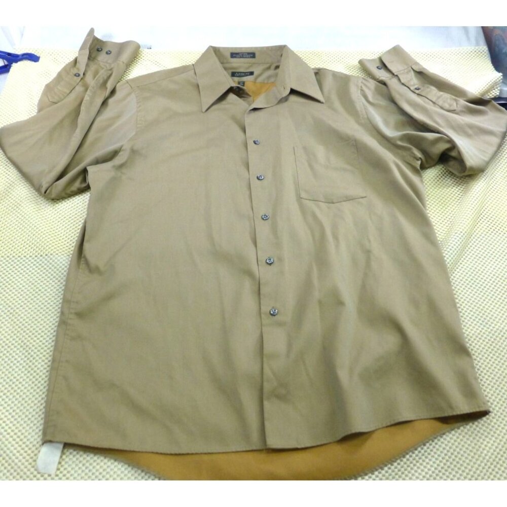 Arrow‎ Mens Wrinkle Free Sateen Shirt L 16 1/2 34/35 Tan Long Sleeve Button Down